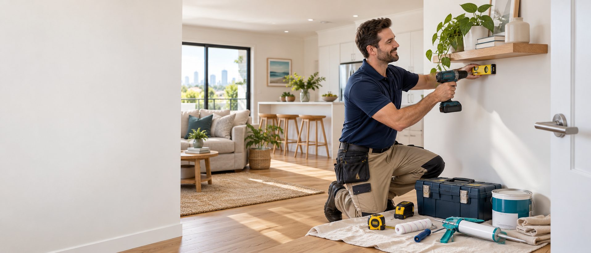 Handyman mounting a floating shelf with a level and drill