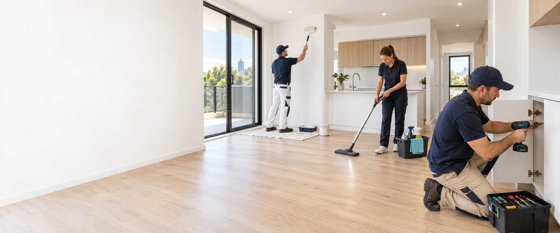 Rental turnover team painting, cleaning and repairing cabinetry